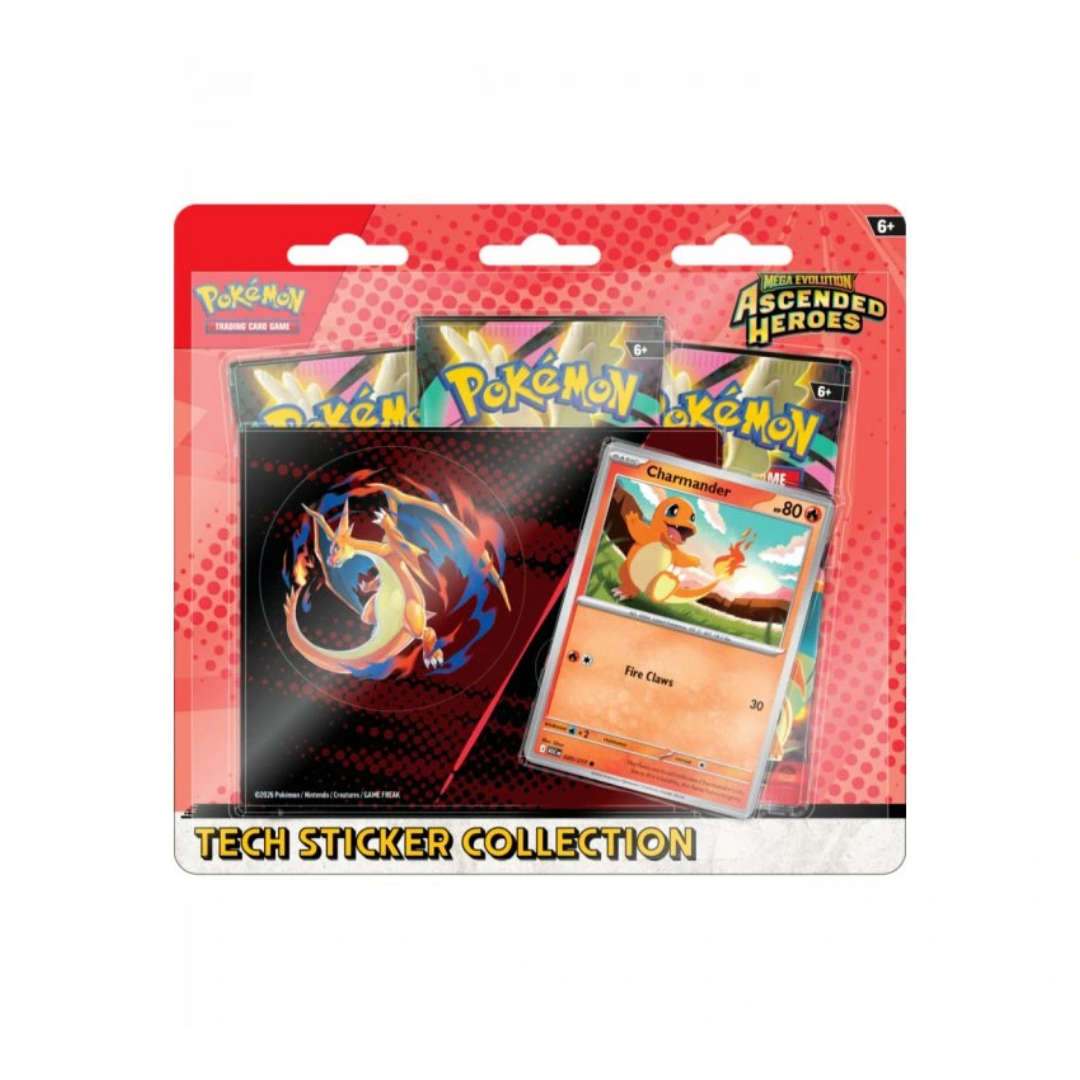 Pokémon TCG Ascended Heroes Tech Sticker Collection met Charmander-kaart, 3 boosterpacks en stickervellen in rode blister