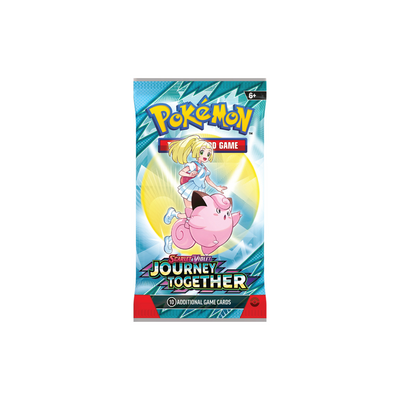 Pokémon TCG Journey Together booster pack met Clefairy en blond meisje op blauw-turquoise achtergrond, 10 kaarten