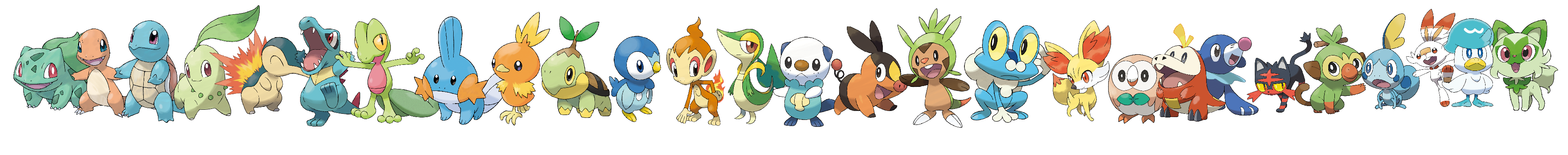 Banner afbeelding van alle starter pokémons die bestaan in de pokémon wereld.