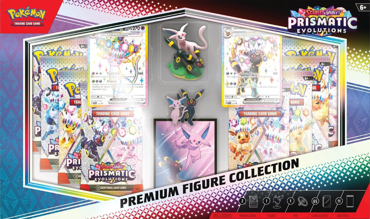 Pokémon Prismatic Evolutions Premium Figure Collection met Espeon/Umbreon figuur, promokaarten, boosters en 65 kaarthoesjes.