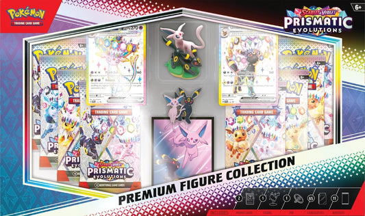 Pokémon Prismatic Evolutions Premium Figure Collection met Espeon/Umbreon figuur, promokaarten, boosters en 65 kaarthoesjes.