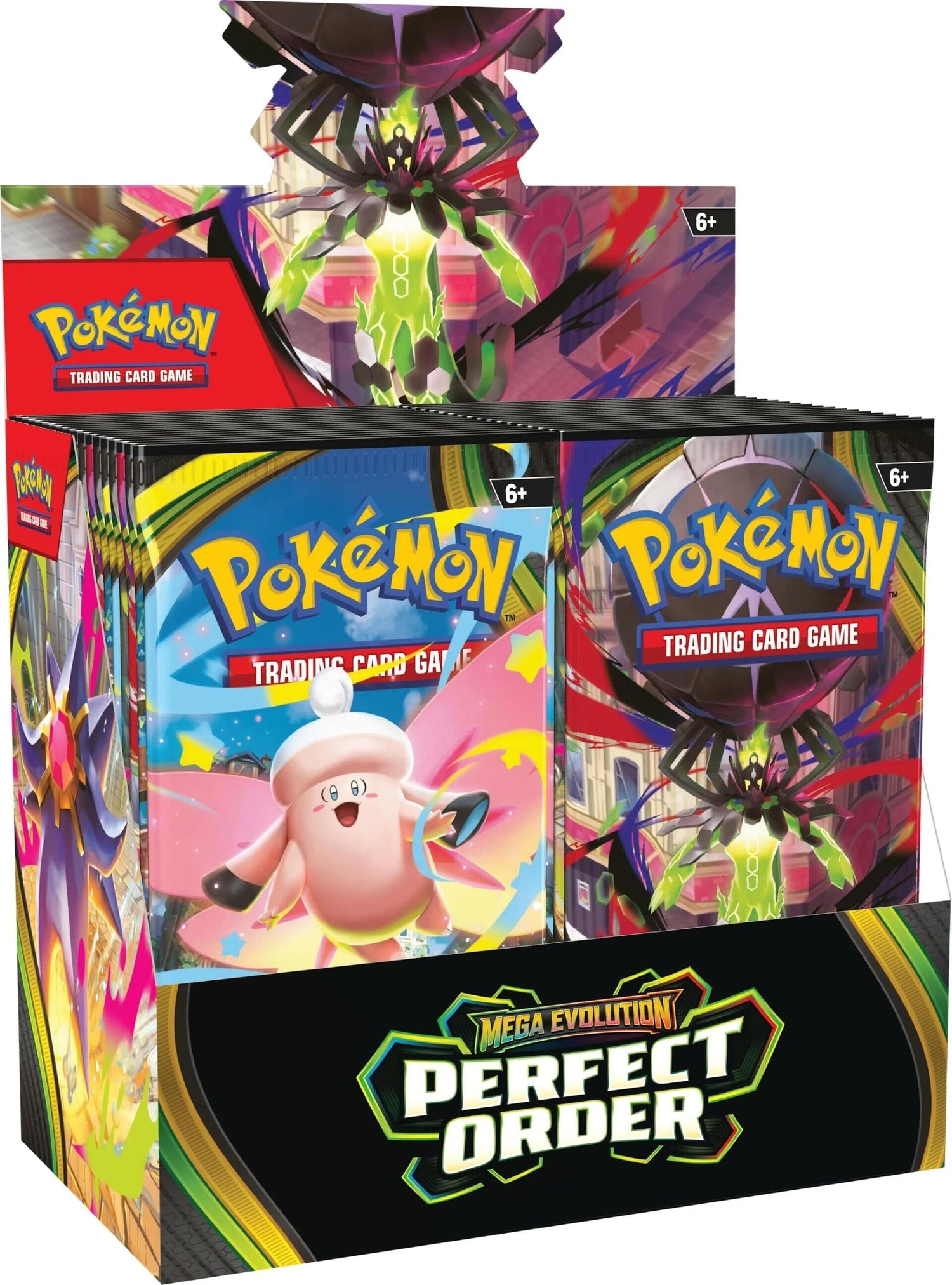 Pokémon TCG Mega Evolution Perfect Order Booster Box met Ariados en Snubbull boosterpacks, lichte scheur zichtbaar.