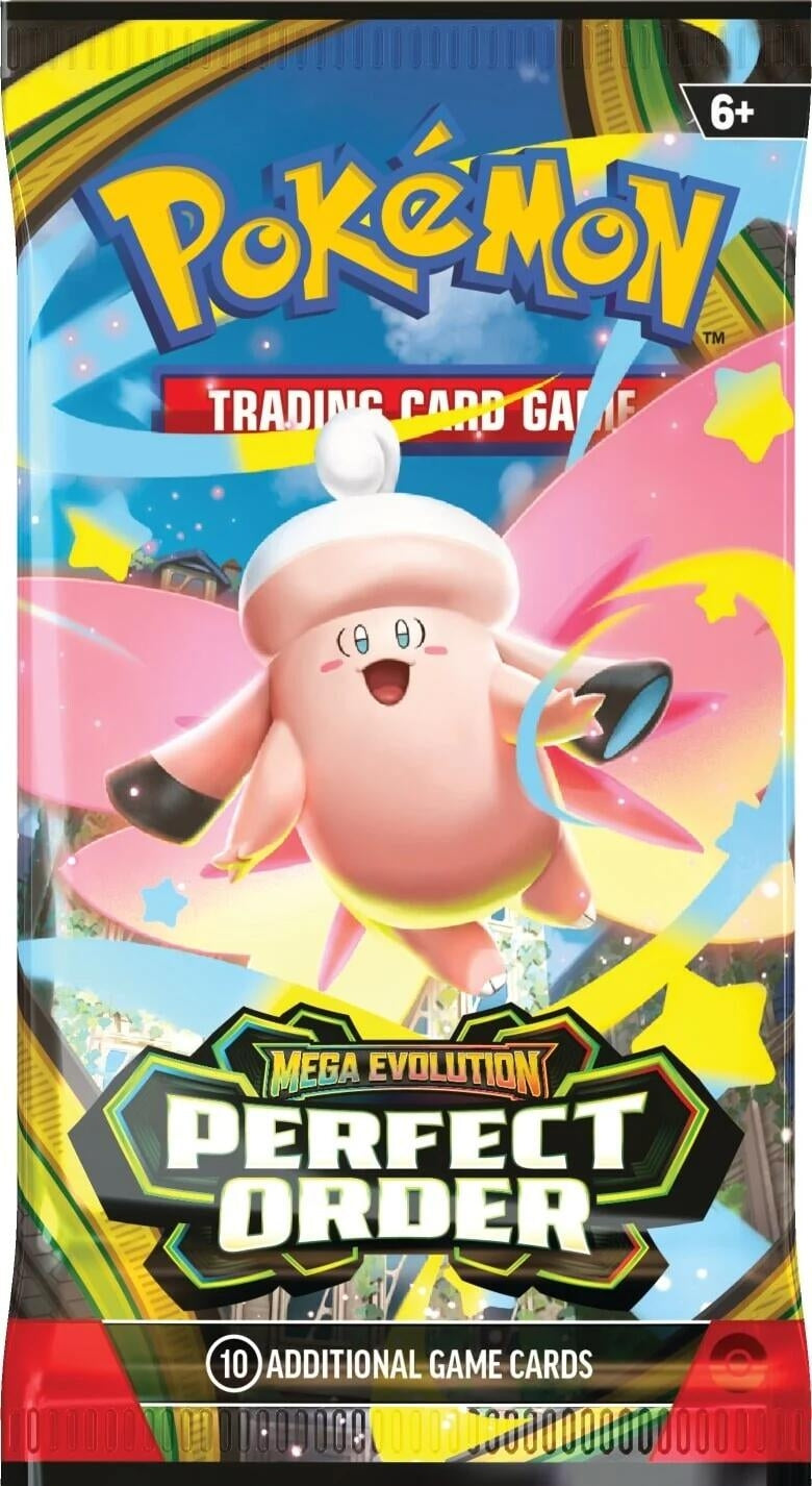 Pokémon TCG Mega Evolution Perfect Order booster pack met Happiny, 10 kaarten, voor leeftijd 6+