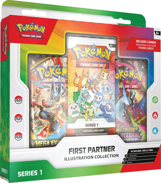 Pokémon TCG First Partner Illustration Collection Series 1 doos met 2 Mega Evolution boosters en Series 1 mini-pack met starter Pokémon.