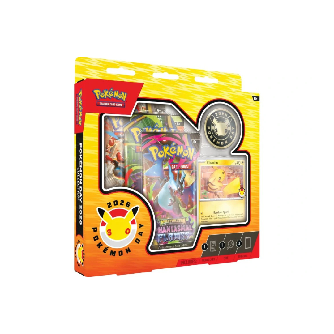 Pokémon TCG Pokémon Day 2026 Collection box met Pikachu promokaart, collectors coin en 3 boosterpacks Mega Evolution Phantasmal Flames