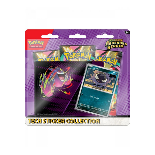 Pokémon TCG Ascended Heroes Tech Sticker Collection met Gastly-kaart, Gengar-sticker en 3 boosterpacks in paarse blister.