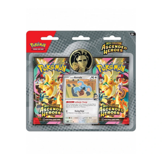 Pokémon TCG Mega Evolution Ascended Heroes 2-pack blister met Larry's Komala promo kaart en collector coin.