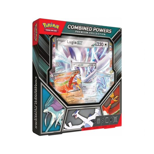 Pokémon TCG Combined Powers Premium Collection box met Lugia ex en Ho-Oh ex kaarten, inclusief 7 boosterpacks en accessoires.