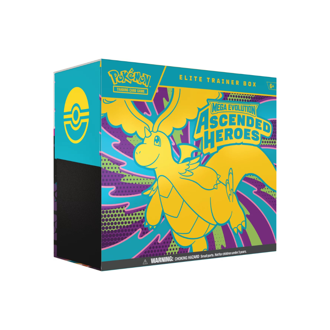 Pokémon TCG Mega Evolution Ascended Heroes Elite Trainer Box met geel Dragonite op turquoise achtergrond
