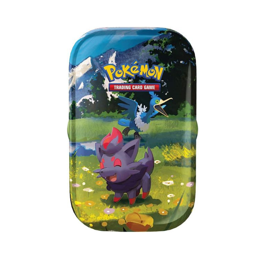 Pokémon TCG Ascended Heroes Mini Tin met Zorua en Cramorant in een bloemrijke vallei met bergen op de achtergrond.