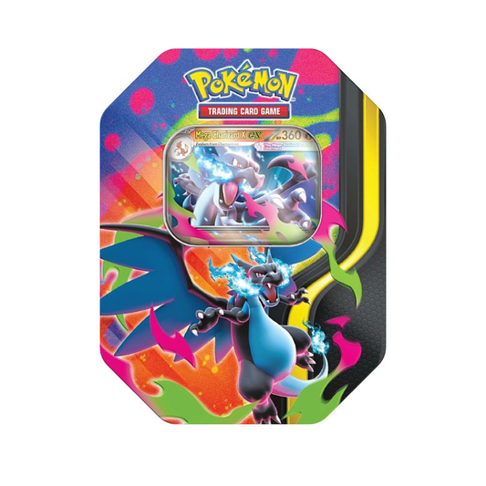 Pokémon TCG Mega Charizard X ex Tin met kleurrijke blikken doos, afbeelding van zwart-blauwe Mega Charizard X en promo-kaart (360 HP).