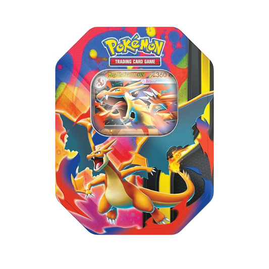 Pokémon TCG Mega Charizard Y ex Tin met kleurrijke artwork van Charizard en een zichtbare promo-kaart met 360 HP.