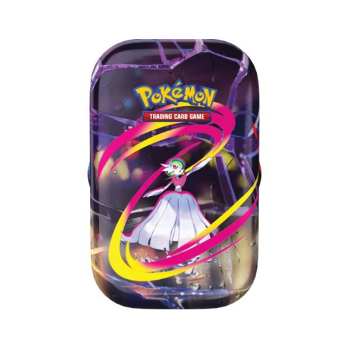 Pokémon TCG Mega Heroes Mini Tin met Gardevoir omringd door roze en gele energiewervelingen op paarse achtergrond