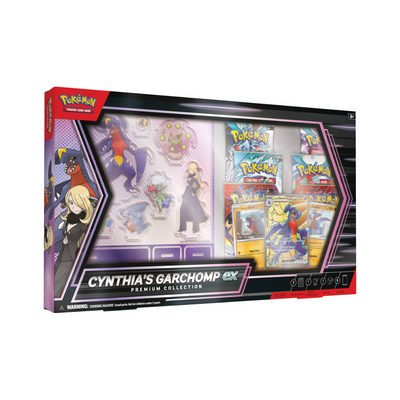 Pokémon TCG Cynthia's Garchomp ex Premium Collection doos met boosterpacks, promo-kaarten en acrylfiguren.