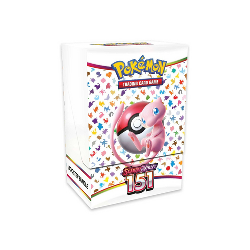 Pokémon TCG Scarlet & Violet 151 Booster Bundle doos met Mew en Poké Ball, omringd door kleurrijke Pokémon silhouetten