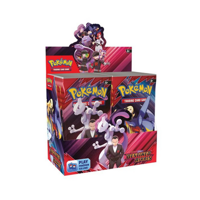 Pokémon TCG Destined Rivals Booster Box met Mewtwo en Giovanni artwork, inclusief losse boosterpacks zichtbaar.